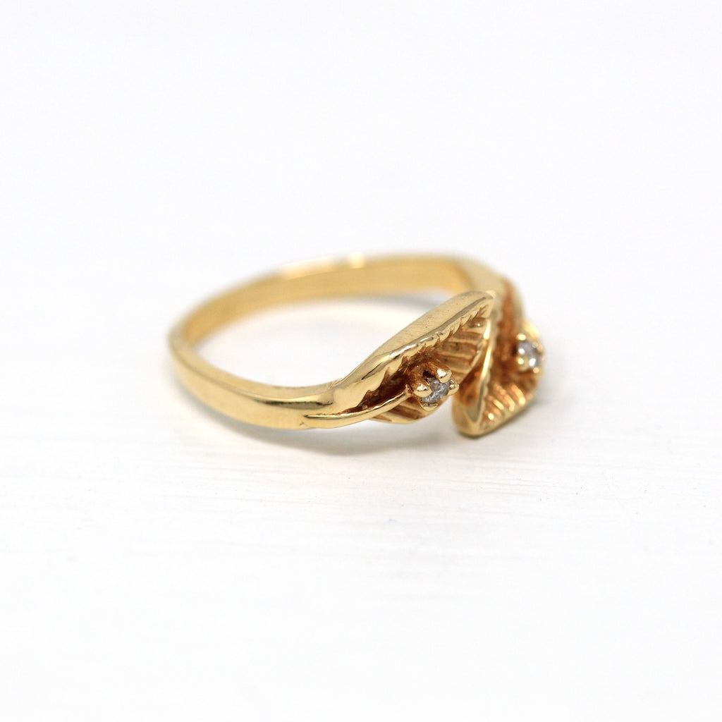 Diamond Leaf Ring - Retro 14k Yellow Gold Wrap Style New Old Stock - Vintage Circa 1970s Era Size 5 April Birthstone Fine Nature 70s Jewelry