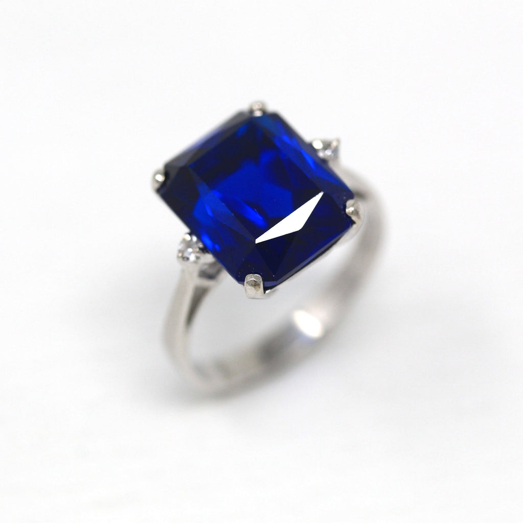 Created Spinel Ring - Retro 10k White Gold Rectangular Faceted 8.17 CT Blue Stone - Vintage 1960s Era Size 5 3/4 Statement Fine 60s Jewelry