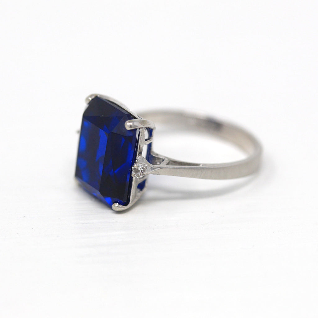 Created Spinel Ring - Retro 10k White Gold Rectangular Faceted 8.17 CT Blue Stone - Vintage 1960s Era Size 5 3/4 Statement Fine 60s Jewelry