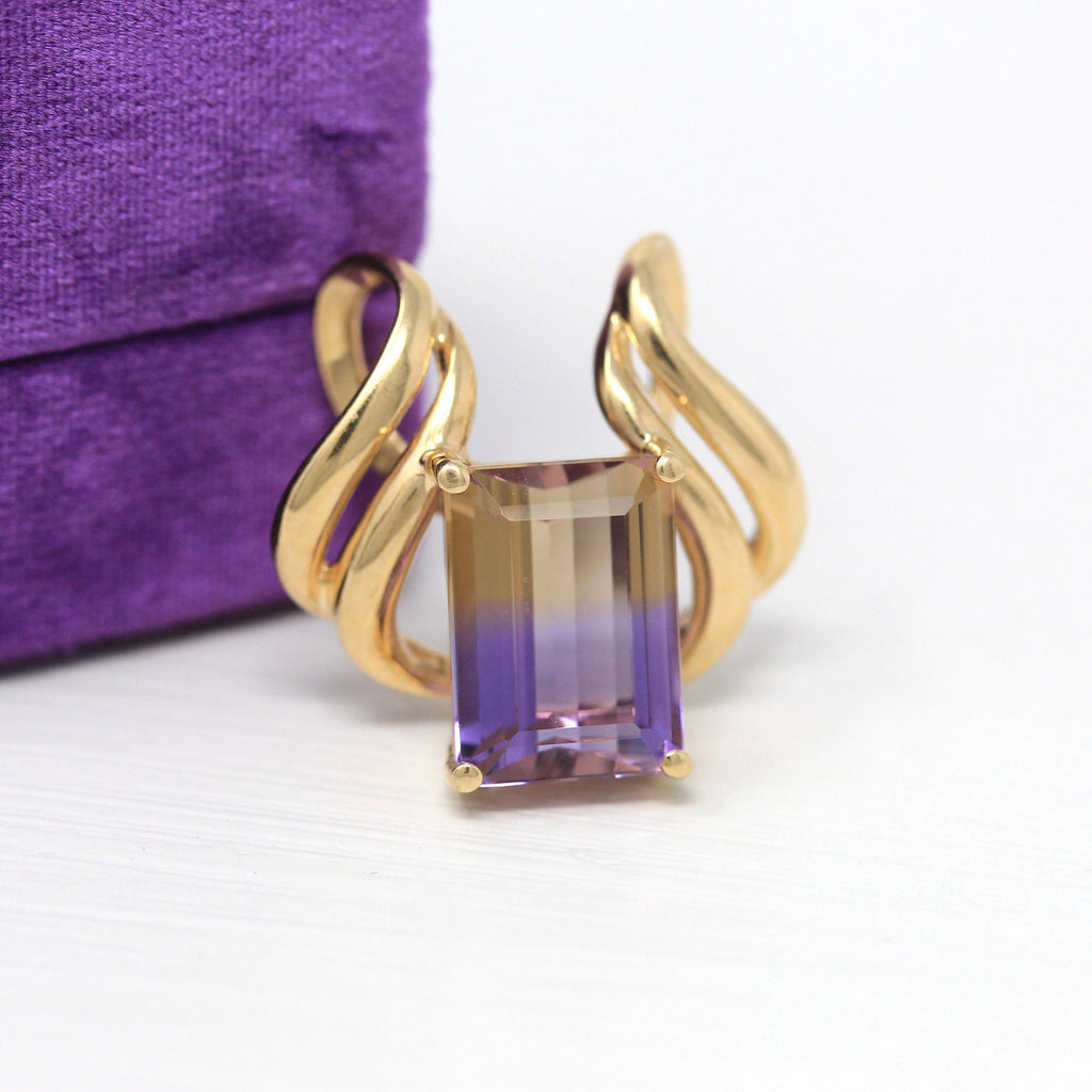 Genuine Ametrine Charm - Estate 10k Yellow Gold Purple Yellow Gemstone 6.96 CT Pendant - Modern Circa 2000's Era Bi Color Fine CID Jewelry
