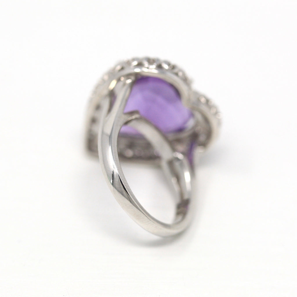Amethyst Cocktail Ring - Estate 14k White Gold Diamond & Purple 11.42 CT Gem - Size 6.5 Modern Diamond Halo Romantic Heart Love Fine Jewelry