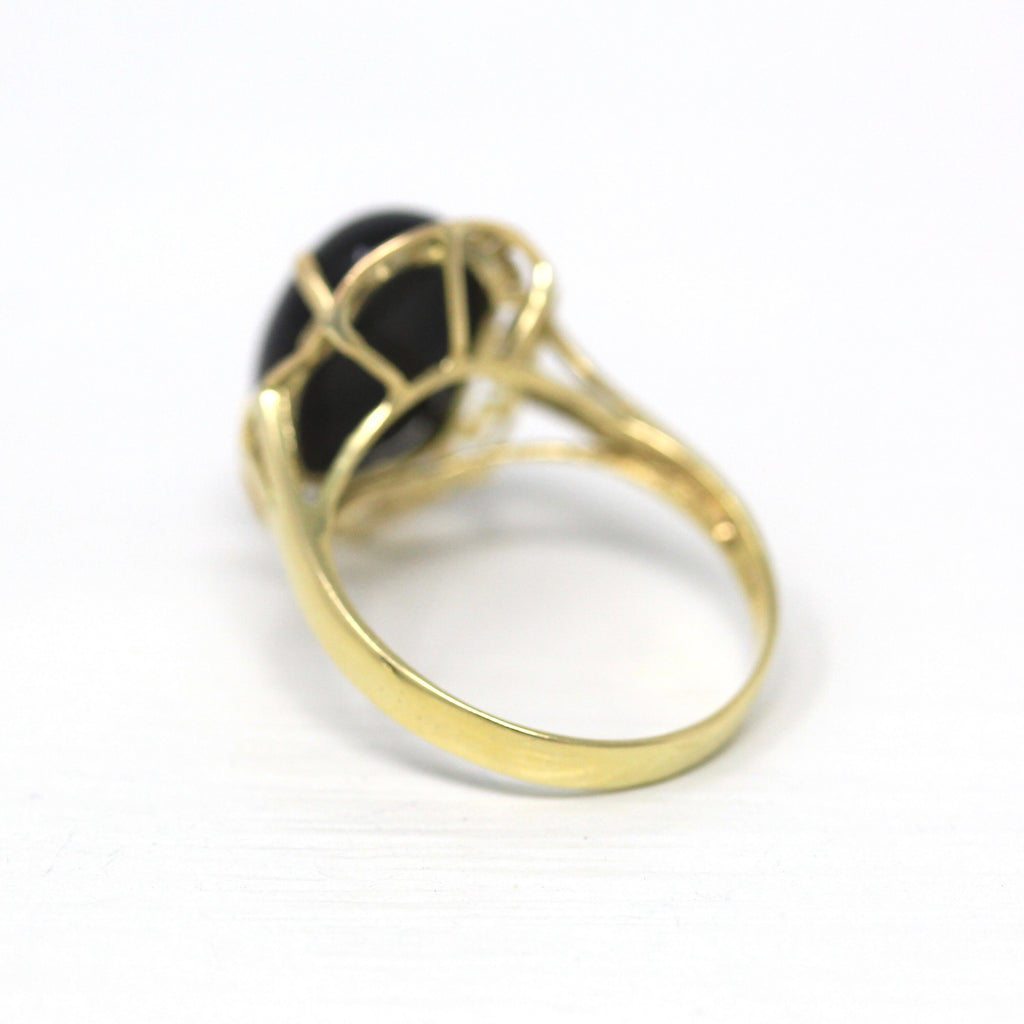 Genuine Onyx Ring - Estate 14k Yellow Gold Cabochon Cut 4.80 CT Black Gem - Modern Circa 2000's Era Size 7 1/4 Greek Key Design Fine Jewelry