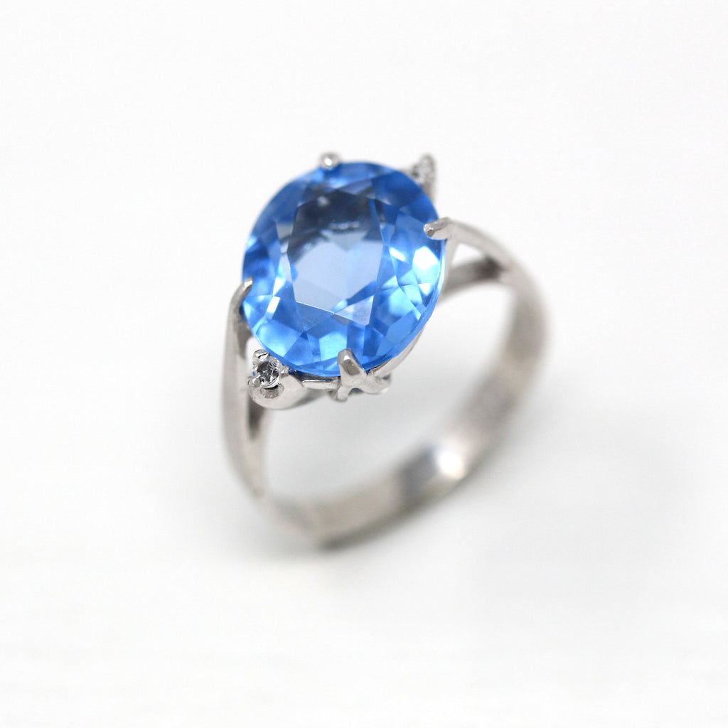 Created Spinel Ring - Retro 10k White Gold Oval Faceted 4.83 CT Blue Stone - Vintage Circa 1960s Era Size 5 1/2 Statement Fine 60s Jewelry