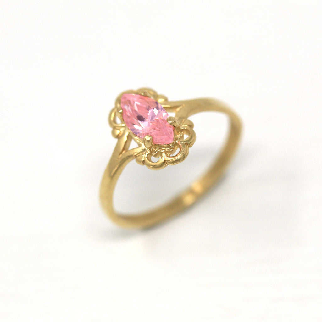 Pink CZ Ring - Estate 10k Yellow Gold Cubic Zirconia Marquise Cut 1.07 CT Stone - Modern Circa 1990s Era Size 5 Dainty Fine 90's Jewelry