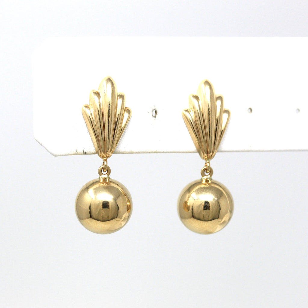 Estate Statement Earrings - Modern 14k Yellow Gold Pierced Push Back Dangle Drop - Circa 1980s Era Fan Style Spheres Fine Accessory Jewelry