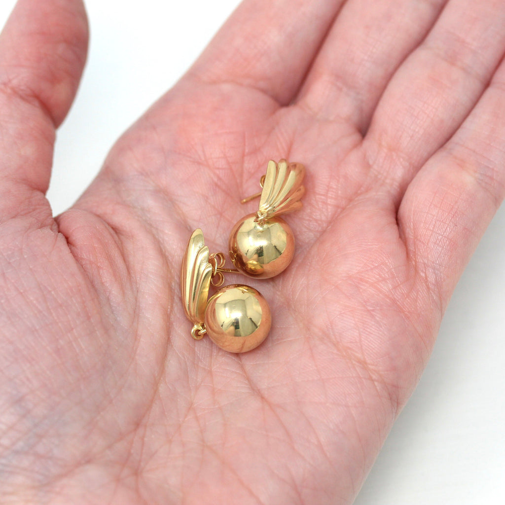 Estate Statement Earrings - Modern 14k Yellow Gold Pierced Push Back Dangle Drop - Circa 1980s Era Fan Style Spheres Fine Accessory Jewelry