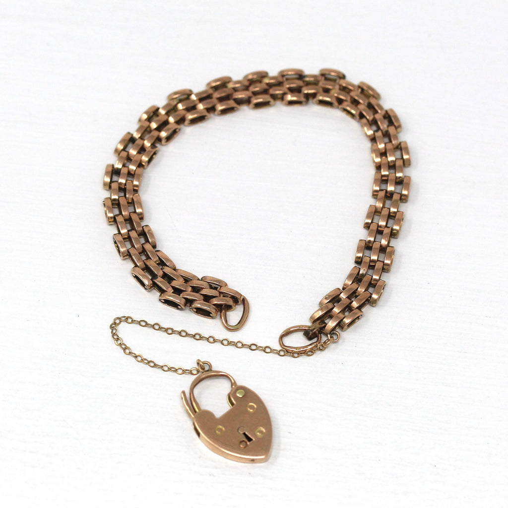 Vintage Padlock Bracelet - Retro 9ct Rose Gold Heart Shaped Charm Key Hole - Circa 1940s Era Gate Link Style Chain Statement Fine Jewelry