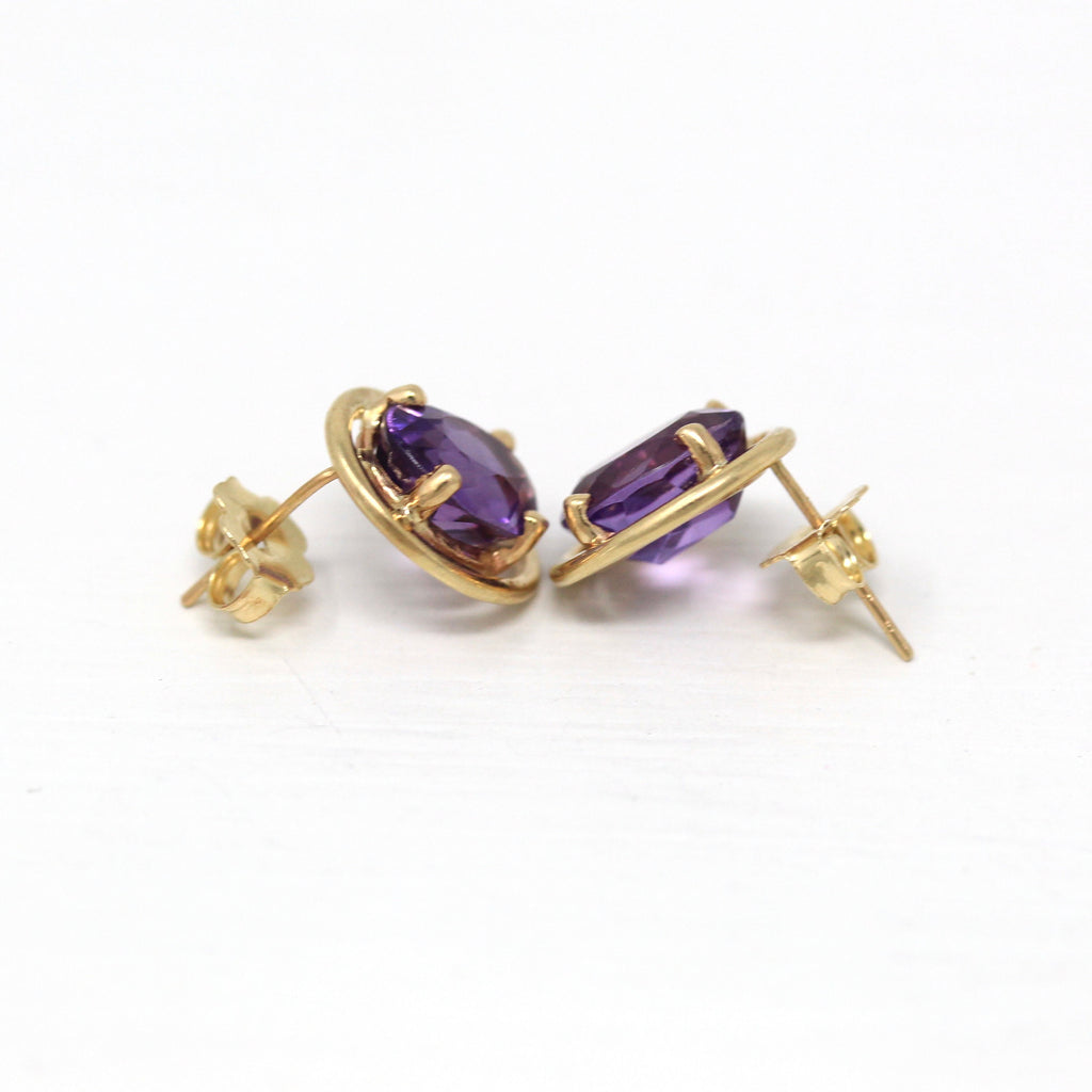 Genuine Amethyst Earrings - Modern 10k Yellow Gold Pierced Push Backs - Estate Circa 2000's Era Purple Pear Cut 2.72 CTW Gemstones Jewelry
