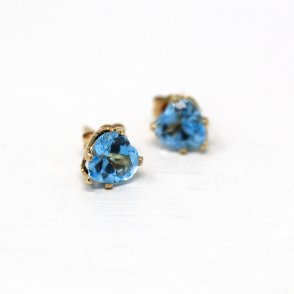 Blue Topaz Earrings - Estate 14k Yellow Gold Genuine Heart Cut Blue Gemstones Studs - Modern 2000s Era Pierced Push Back Fine Y2K Jewelry