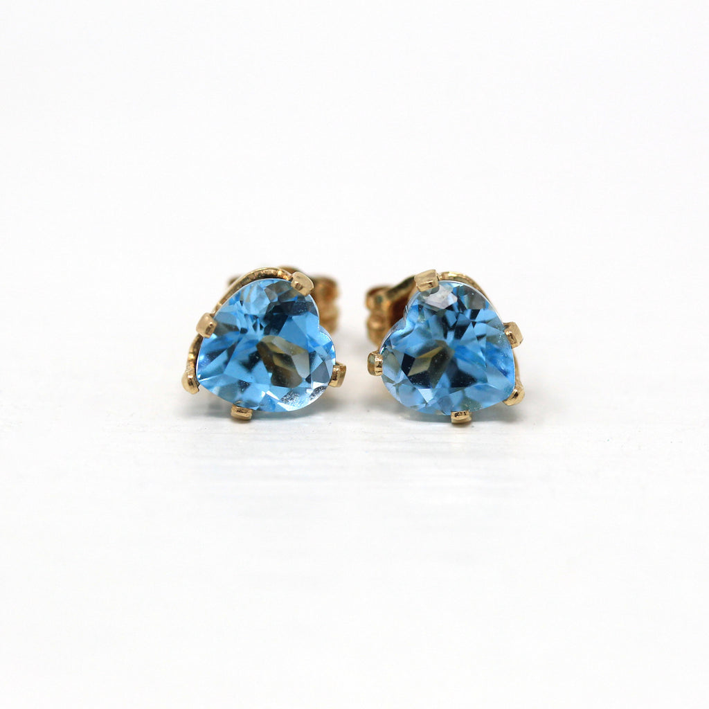 Blue Topaz Earrings - Estate 14k Yellow Gold Genuine Heart Cut Blue Gemstones Studs - Modern 2000s Era Pierced Push Back Fine Y2K Jewelry