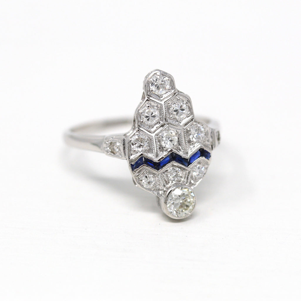 Art Deco Ring - 14k White Gold Shield Style Statement - Vintage 1920s Era Size 9 1/4 Genuine .66 CTW Diamond Created Sapphire Fine Jewelry