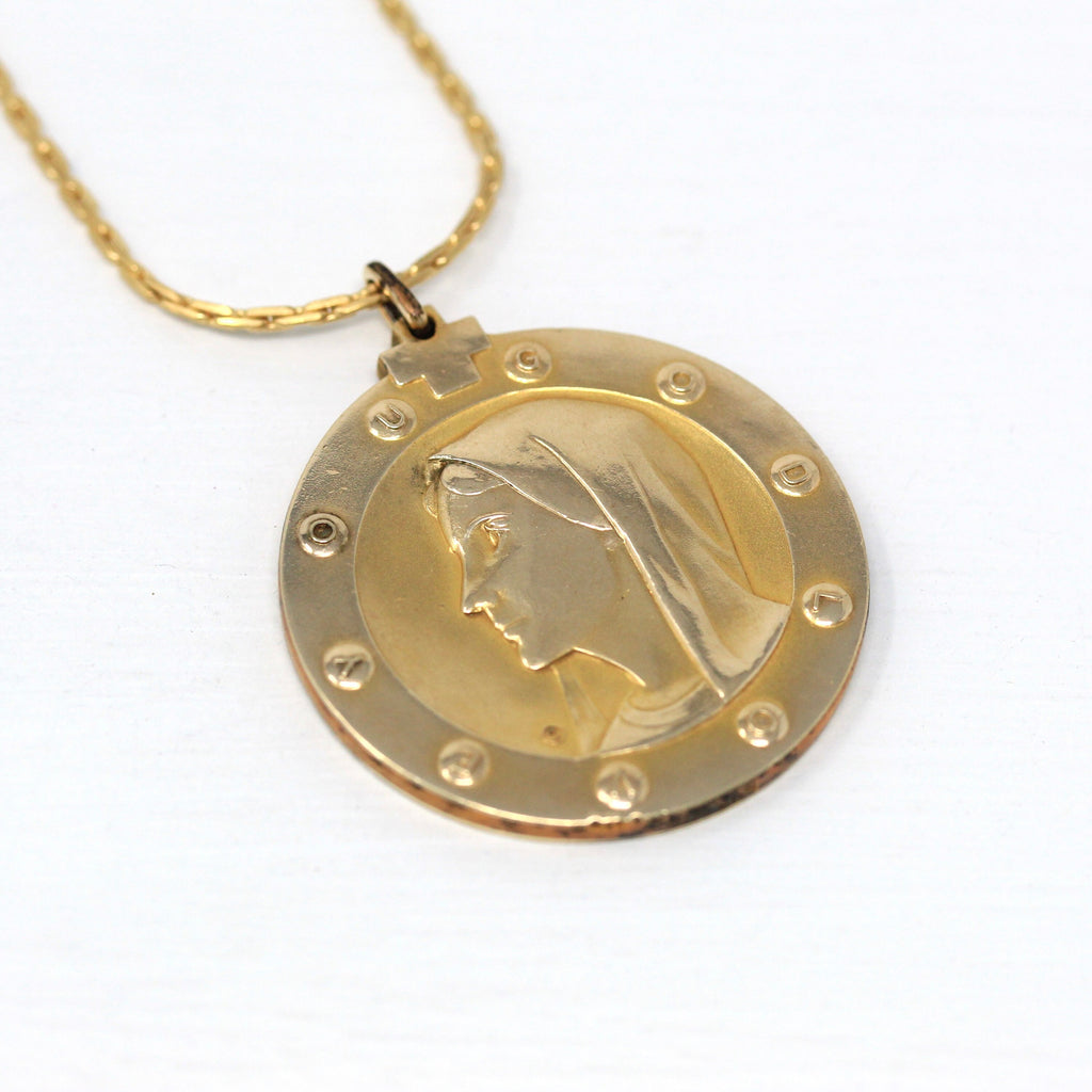 Vintage Mary Medal - Retro Gold Filled "God Love You" Pendant Necklace - Circa 1970s Era Blessed Virgin Mary Mother Religious Faith Jewelry