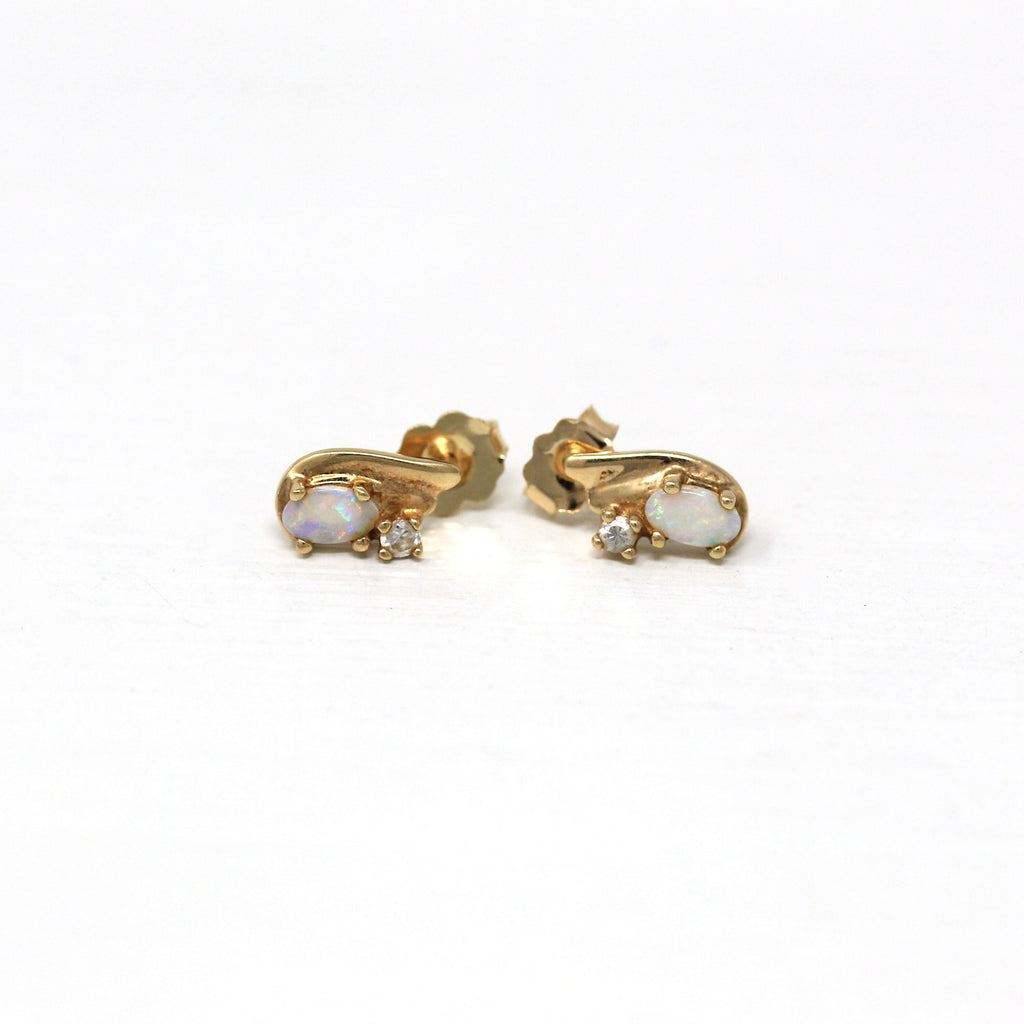 Opal & CZ Earrings - Estate 10k Yellow Gold Pierced Push Back Style Studs Cubic Zirconia - Modern Circa 1980s Era Fashion Accessory Jewelry