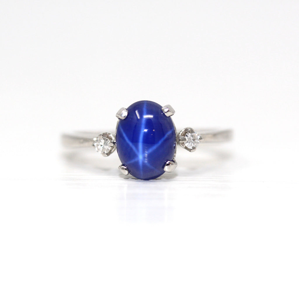 Created Star Sapphire Ring - Retro 14k White Gold Cabochon Blue 1.59 CT Stone - Vintage Circa 1960s Size 4 3/4 Genuine Diamonds Fine Jewelry