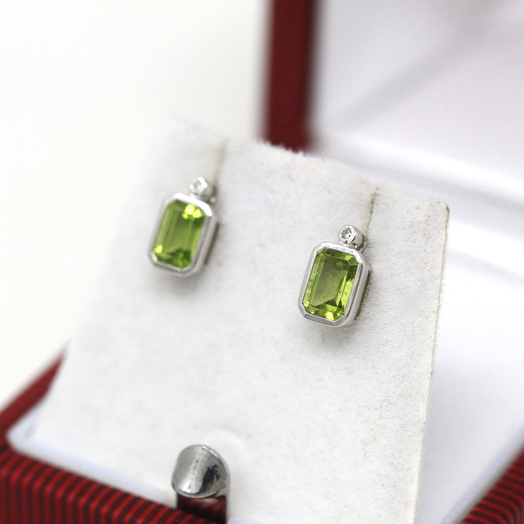 Peridot & Diamond Earrings - Modern 10k White Gold Emerald Cut 1.08 CTW Gemstones - Estate Circa 2000's Era August Birthstone Fine Jewelry