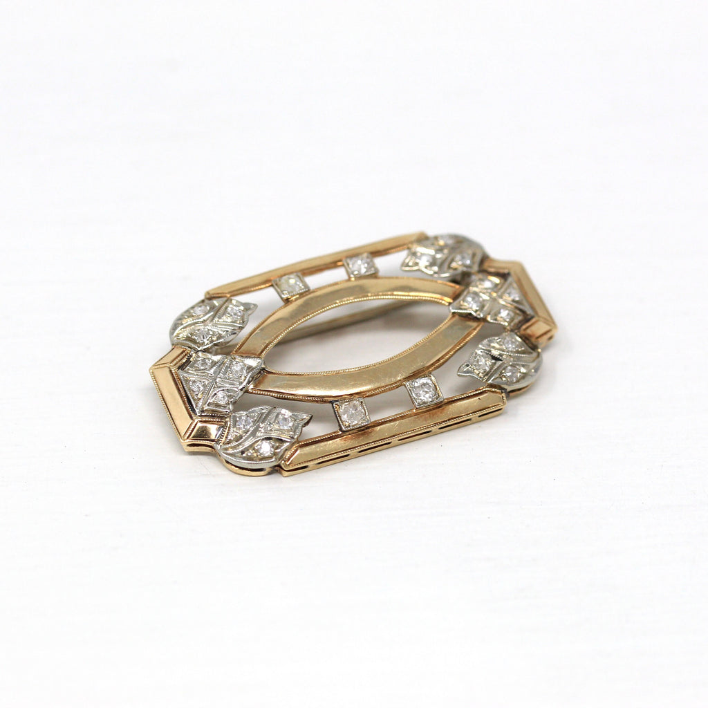 Genuine Diamond Brooch - 14k Yellow & White Gold .40 CTW Gemstone Statement Pin - Vintage 1940s Fine Fashion Accessory Milgrain Jewelry