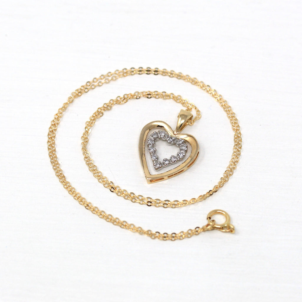 Vintage Heart Pendant - Retro 14k Yellow Gold Two Tone Single Cut Diamonds Necklace Charm - Circa 1970s Era Petite Dainty Fine Love Jewelry