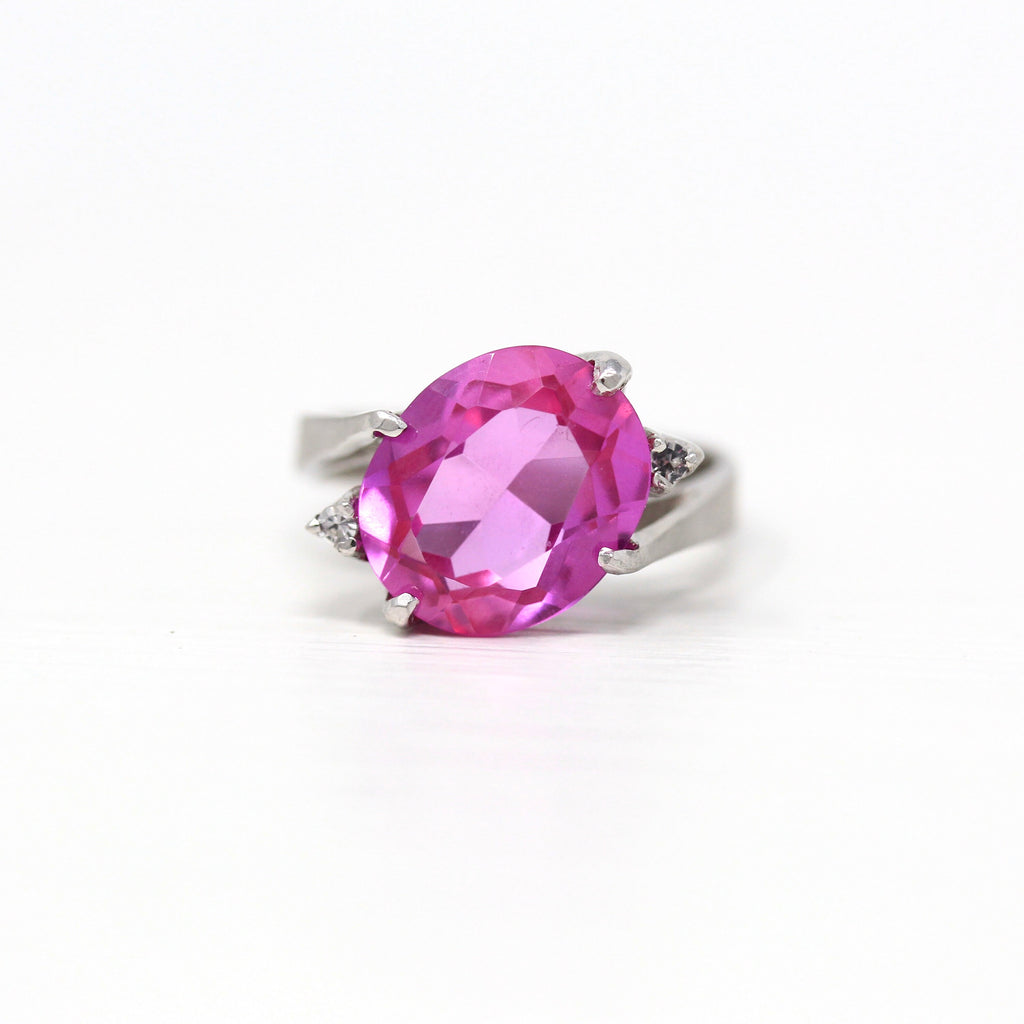 Created Pink Sapphire Ring - Retro 10k White Gold Oval Faceted 4.44 CT Stone - Vintage Circa 1960s Size 5.5 Bypass Setting Fine 60s Jewelry