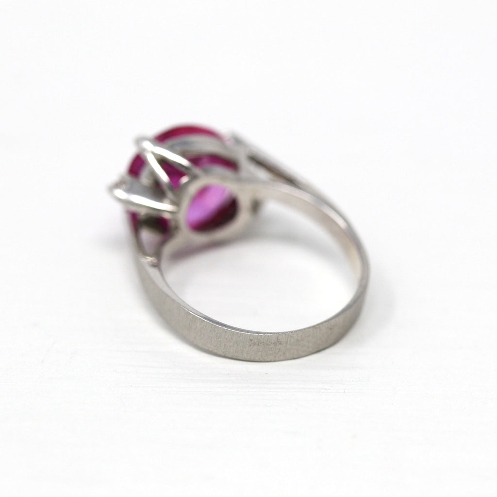 Created Pink Sapphire Ring - Retro 10k White Gold Oval Faceted 4.44 CT Stone - Vintage Circa 1960s Size 5.5 Bypass Setting Fine 60s Jewelry