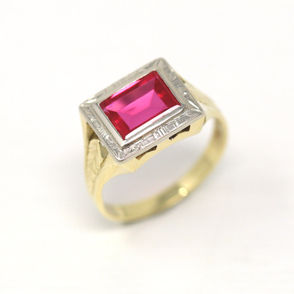 Created Ruby Ring - Vintage Retro Era 10k Yellow & White Gold 2.7 CT Pink Red Stone - Circa 1940s Size 9.5 Signet Style Unisex Fine Jewelry