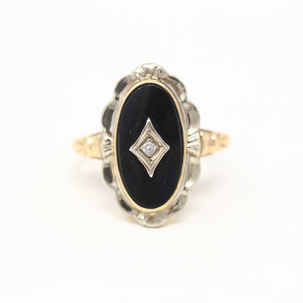 Genuine Onyx Ring - Vintage Retro 10k Yellow Gold Black Oval Cabochon Gemstone - Circa 1940s Era Size 5.5 Diamond Gem Statement Fine Jewelry