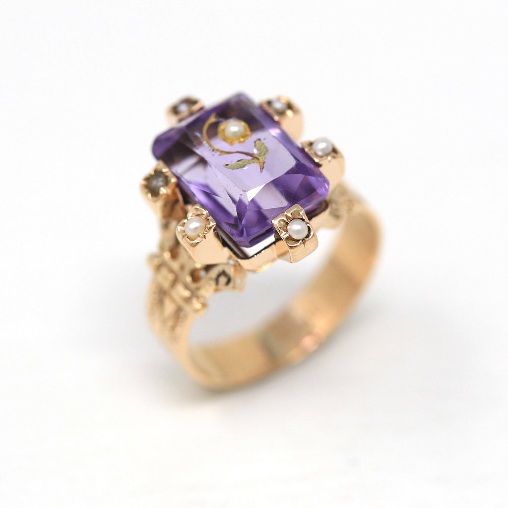 Rose of Sharon Ring - Antique 10k Rose Gold Amethyst & Seed Pearl Statement - Vintage Size 5 1/2 1890s Flower Purple Gemstone Fine Jewelry