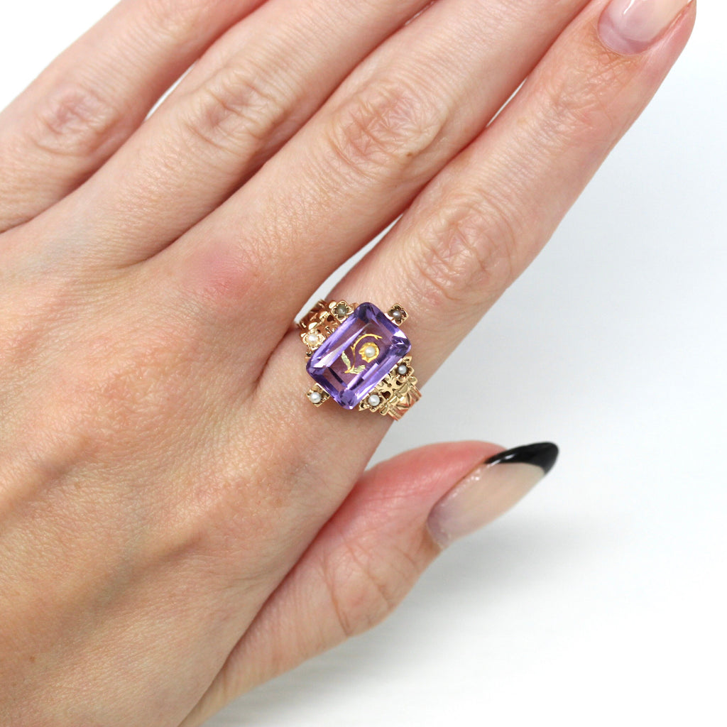 Rose of Sharon Ring - Antique 10k Rose Gold Amethyst & Seed Pearl Statement - Vintage Size 5 1/2 1890s Flower Purple Gemstone Fine Jewelry