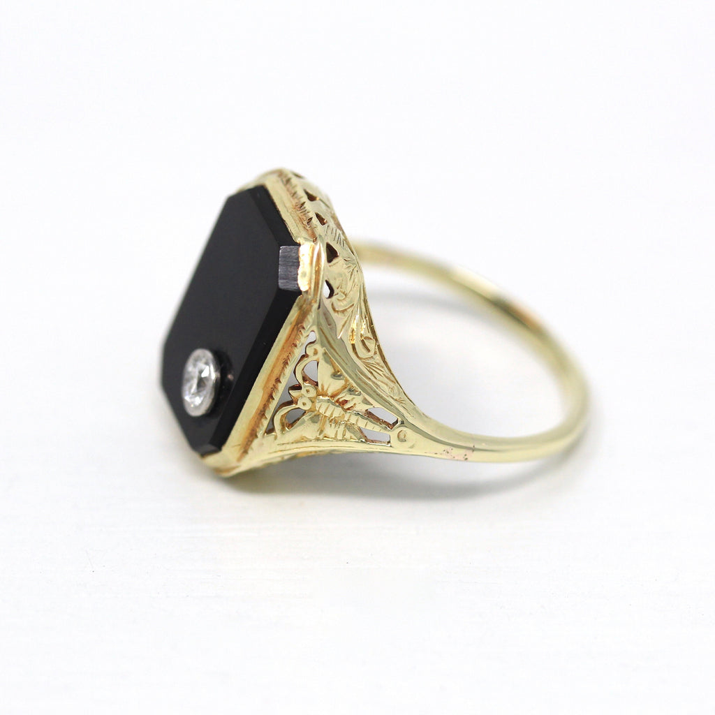 Onyx Diamond Butterfly Ring - Art Deco Era 14k Yellow White Gold Genuine Black Gemstone - Vintage 1930s Size 6 3/4 Filigree Fine Jewelry