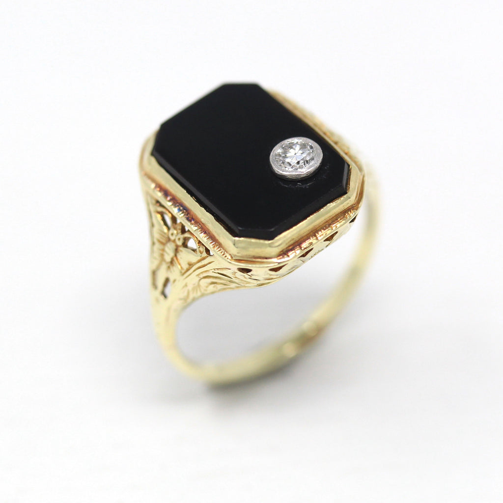 Onyx Diamond Butterfly Ring - Art Deco Era 14k Yellow White Gold Genuine Black Gemstone - Vintage 1930s Size 6 3/4 Filigree Fine Jewelry