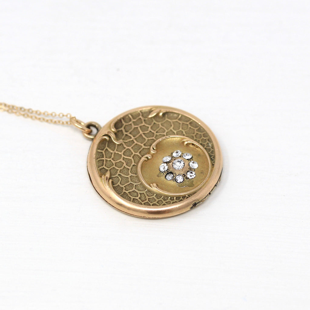 Lily Pad Locket - Antique Gold Filled Art Nouveau Pendant Necklace - Circa 1910s Rhinestone Edwardian Era Statement Water Plant HH Jewelry