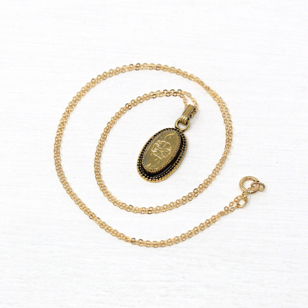 Vintage Flower Pendant - Retro 12K Gold Filled Oval Engraved Floral Charm Necklace - Circa 1960s Era Dainty Petite Braided Border Jewelry