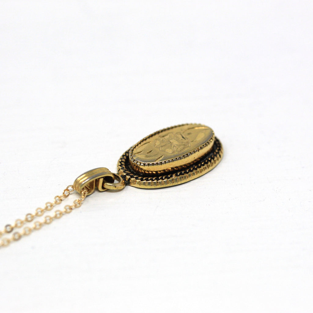 Vintage Flower Pendant - Retro 12K Gold Filled Oval Engraved Floral Charm Necklace - Circa 1960s Era Dainty Petite Braided Border Jewelry