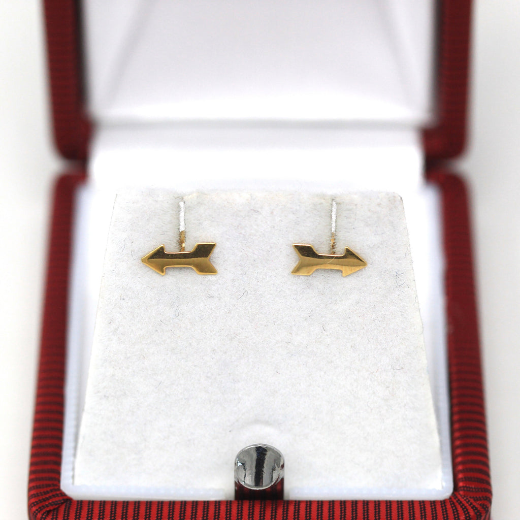 Modern Arrow Earrings - Estate 14k Yellow Gold Figural Dainty Petite Pierced Push Backs - Circa 2000's Era Fine Fashion Accessories Jewelry