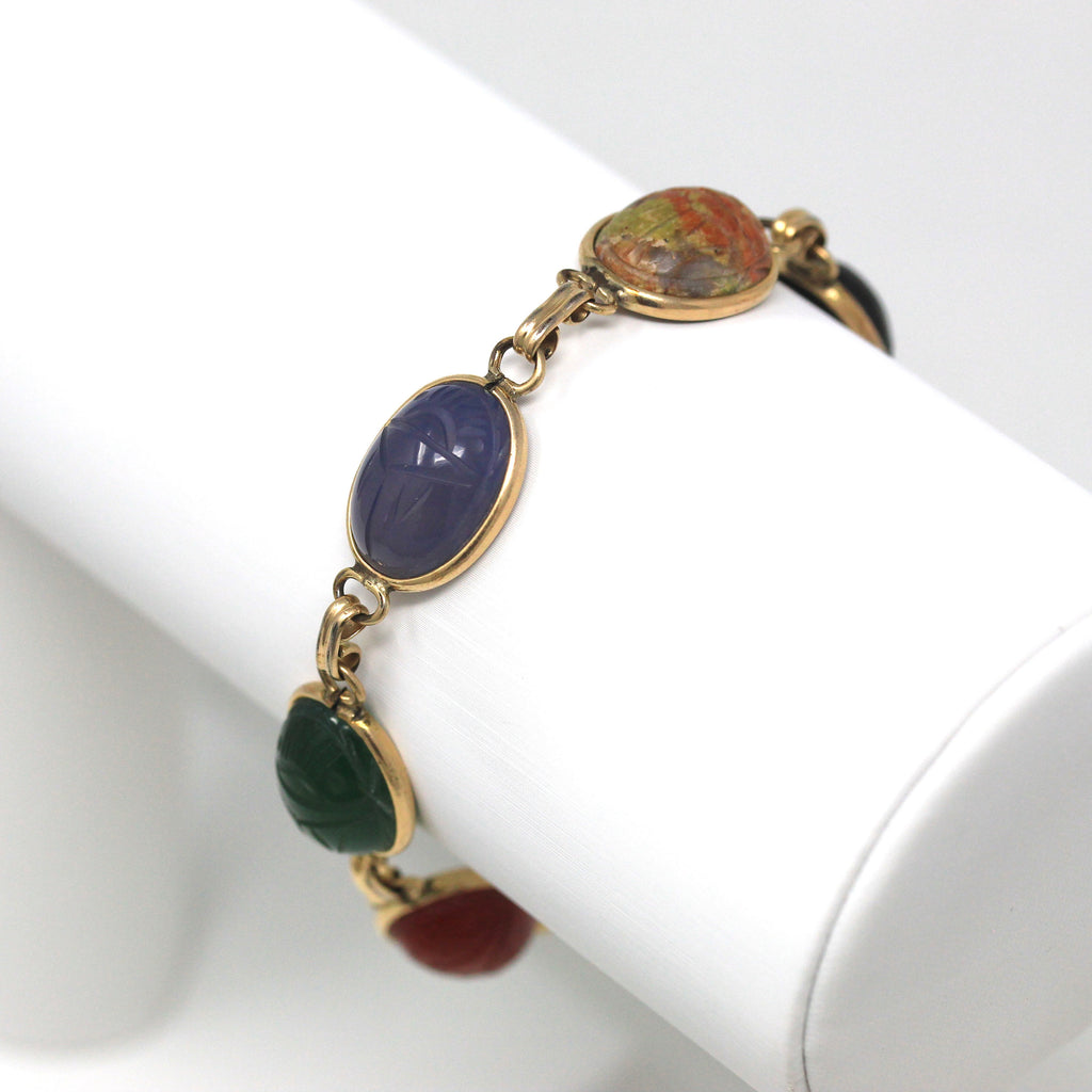 Vintage Scarab Bracelet - Retro 14k Gold Filled Carved Genuine Gemstones - Circa 1960s Era Egyptian Revival Style Panel Linked 60s Jewelry