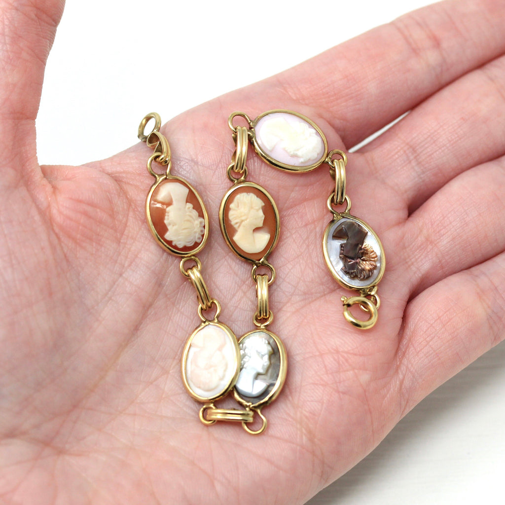 Vintage Cameo Bracelet - Retro 12k Gold Filled Carved Shell Mother Of Pearl Spring Ring Clasp - Circa 1940s Era Fashion Statement Jewelry