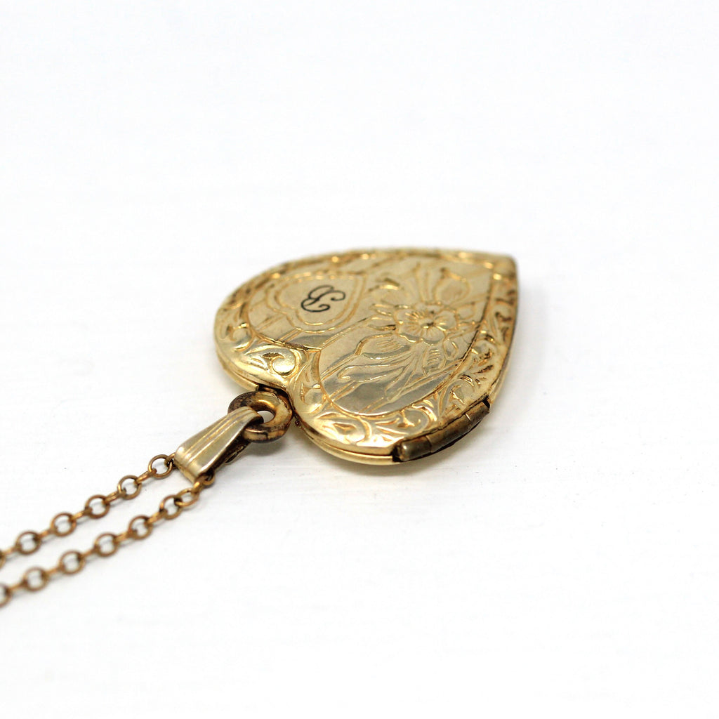 Letter "B" Locket - Retro 12k Gold Filled Engraved Heart Pendant Necklace - Vintage Circa 1940s Era Photograph Keepsake Photo 40s Jewelry