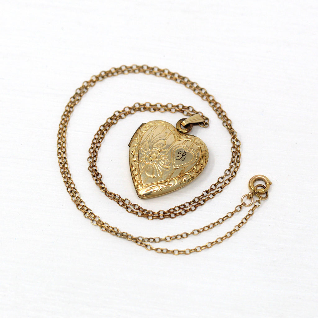Letter "B" Locket - Retro 12k Gold Filled Engraved Heart Pendant Necklace - Vintage Circa 1940s Era Photograph Keepsake Photo 40s Jewelry