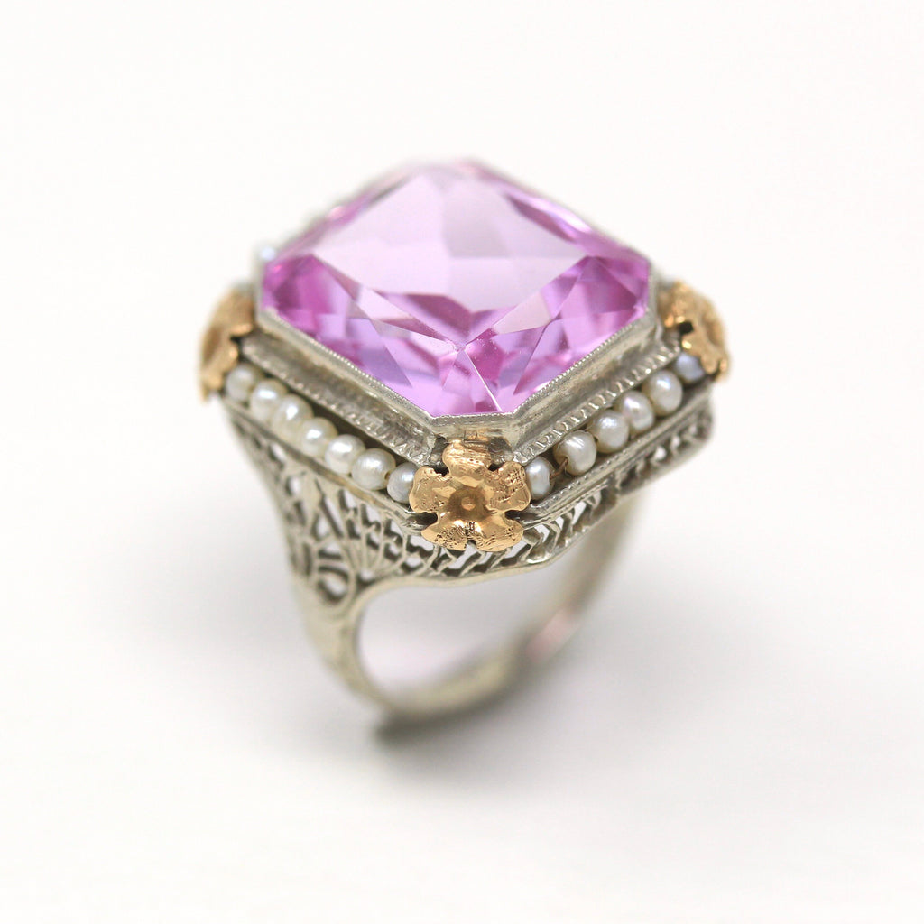 Art Deco Ring - Vintage 10k White Gold Created Pink Sapphire 10.89 CT Seed Pearl Halo - Circa 1930s Era Size 5 Rose Gold Flowers Jewelry