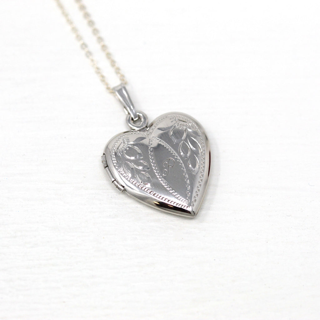 Letter "P" Locket - Mid Century Sterling Silver Engraved Heart Pendant Necklace - Vintage Circa 1950s Era Flowers Leaves Keepsake Jewelry