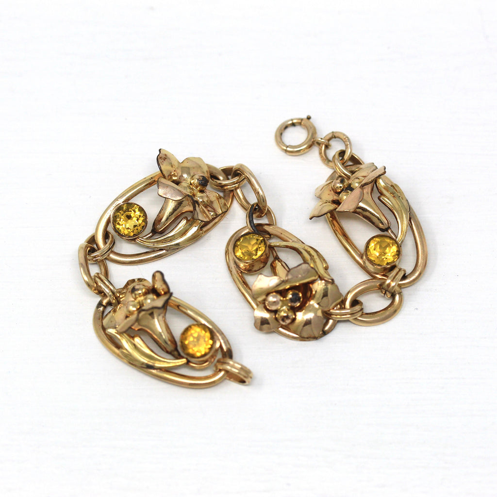 Vintage Flower Bracelet - Retro 12k Gold Filled Simulated Citrine Yellow Glass Stones - Circa 1940s Era Leaf Fashion Accessory 40s Jewelry