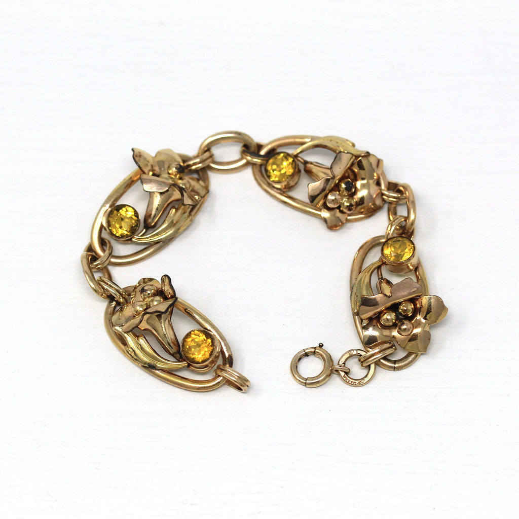 Vintage Flower Bracelet - Retro 12k Gold Filled Simulated Citrine Yellow Glass Stones - Circa 1940s Era Leaf Fashion Accessory 40s Jewelry
