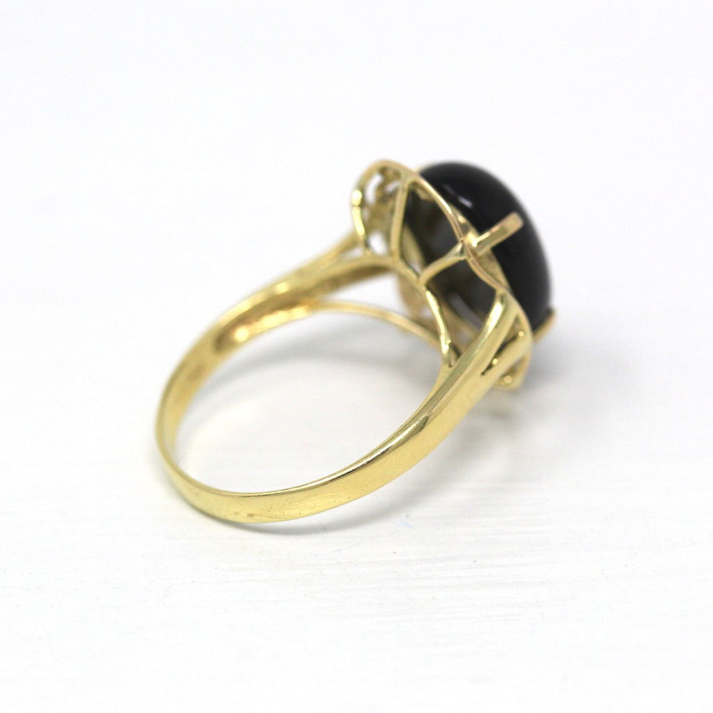 Genuine Onyx Ring - Estate 14k Yellow Gold Cabochon Cut 4.80 CT Black Gem - Modern Circa 2000's Era Size 7 1/4 Greek Key Design Fine Jewelry