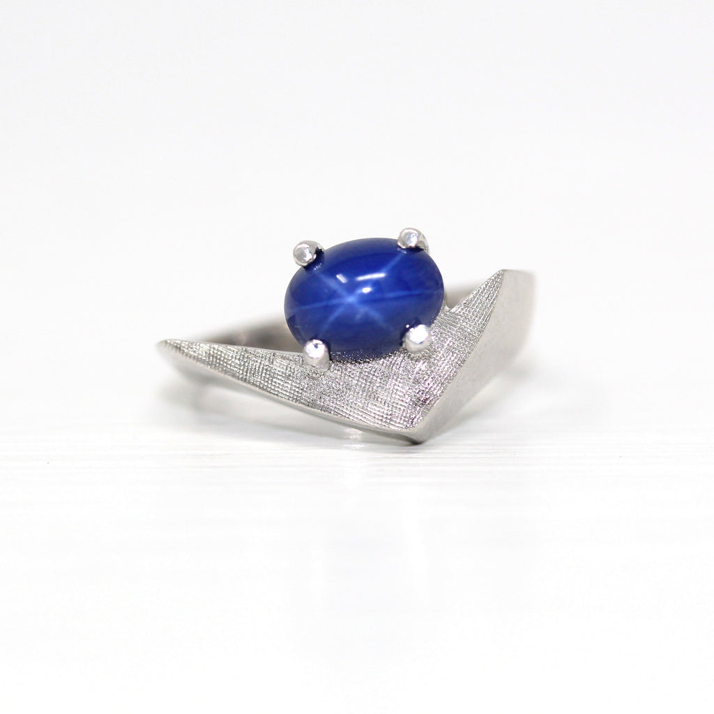 Created Star Sapphire Ring - Retro 14k White Gold Blue Cabochon Cut 1.87 CT Stone - Vintage Circa 1970s Size 6 New Old Stock Fine Jewelry