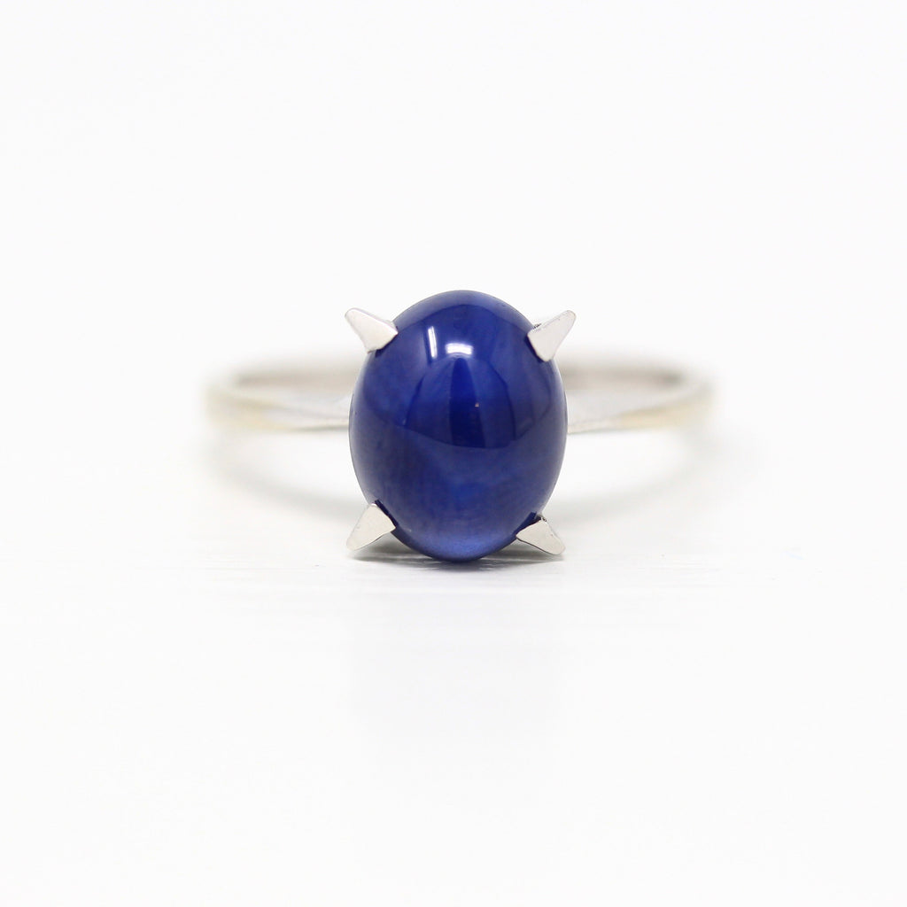 Created Star Sapphire Ring - Vintage 70s 14k White Gold Oval Blue 3.45 CTS Stone - Size 7 Retro 1970s Era September Birthstone Fine Jewelry