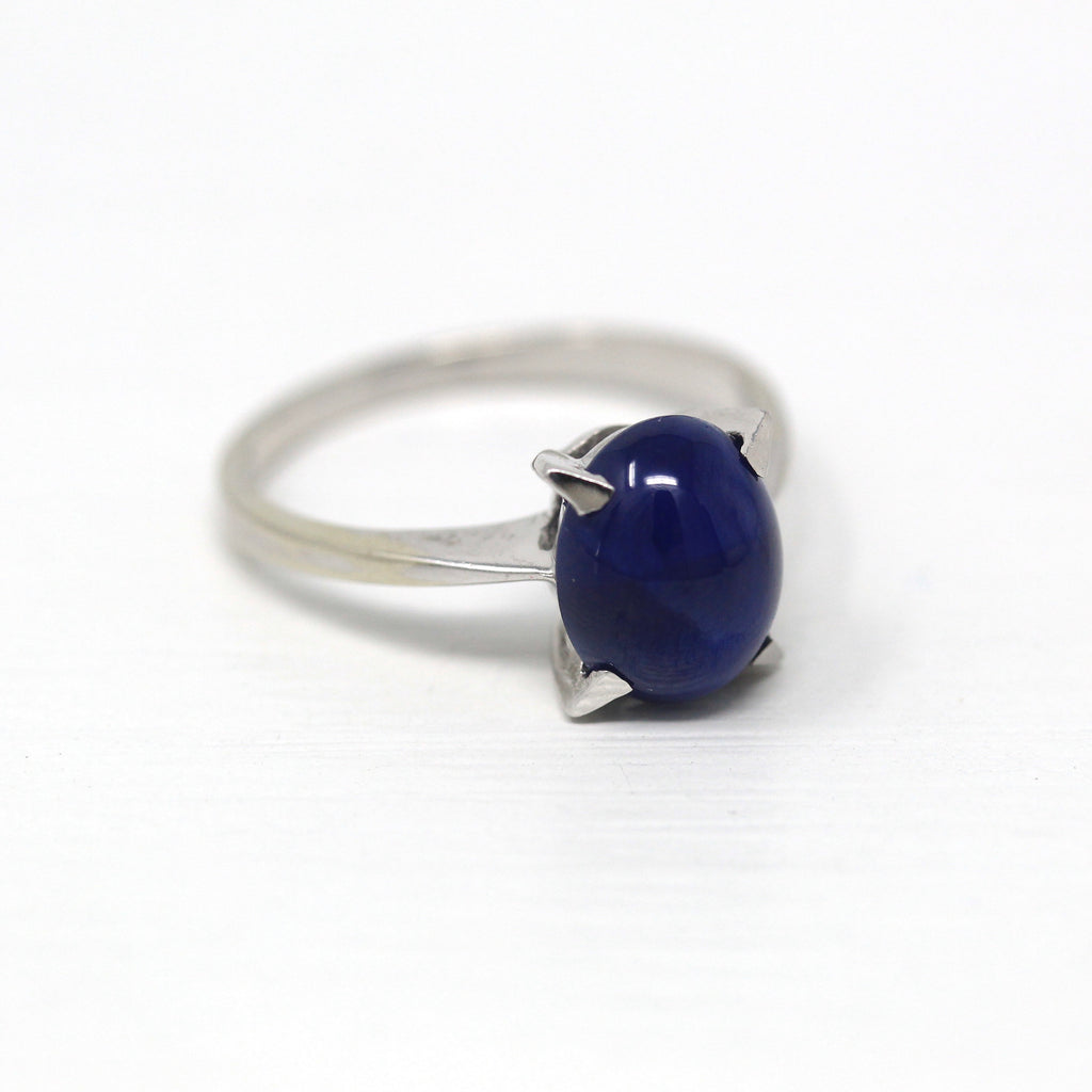 Created Star Sapphire Ring - Vintage 70s 14k White Gold Oval Blue 3.45 CTS Stone - Size 7 Retro 1970s Era September Birthstone Fine Jewelry