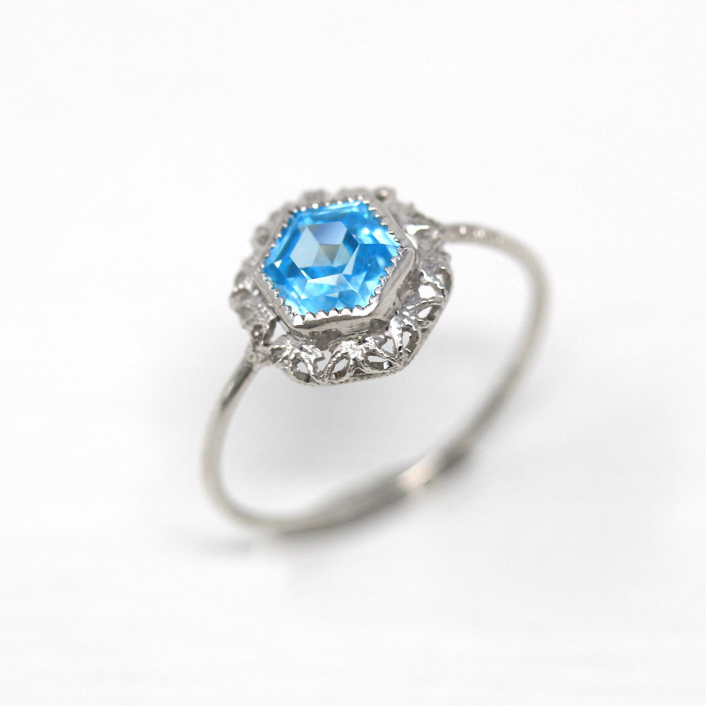 Floral Conversion Ring - Vintage Art Deco Era 10k White Gold Filigree Conversion - Antique 1920s Era Size 4.75 Light Blue Stone Fine Jewelry