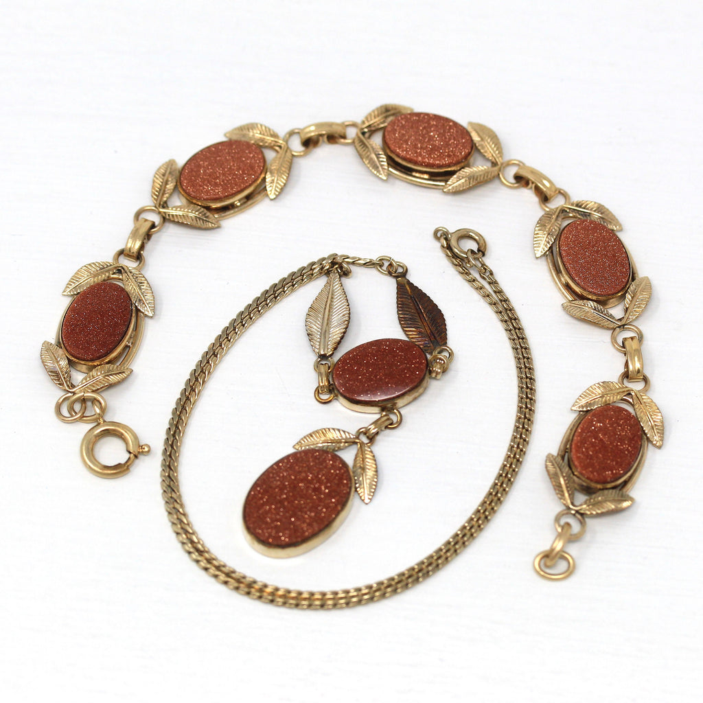 Vintage Jewelry Set - Retro 12k Gold Filled Goldstone Aventurine Glass Glittery Brown - Circa 1960s Era Leaf Necklace Bracelet 60s Jewelry