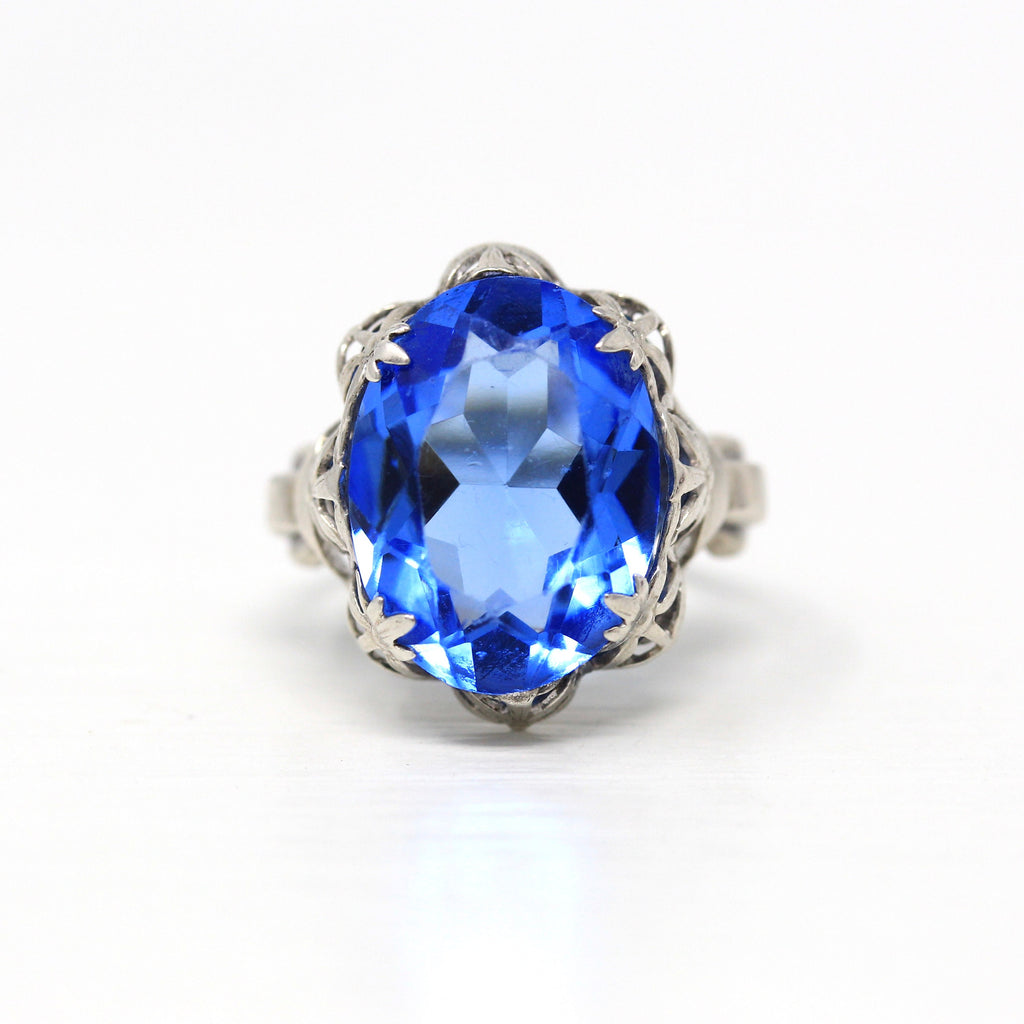 Art Deco Ring - Vintage Sterling Silver Simulated Sapphire Statement - 1930s Blue Oval Glass Flower Filigree 30s Size 5 Floral Jewelry