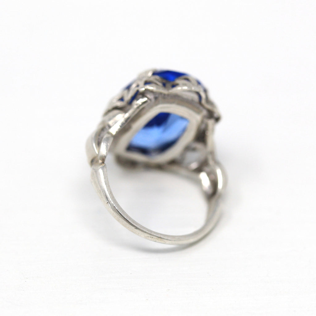 Art Deco Ring - Vintage Sterling Silver Simulated Sapphire Statement - 1930s Blue Oval Glass Flower Filigree 30s Size 5 Floral Jewelry