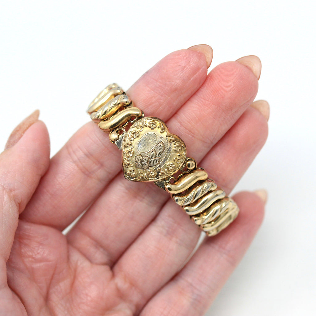 Vintage Expansion Bracelet - Retro Gold Filled Flowers Expanding Stretch Link Repousse - Circa 1940s Era Statement Fashion Accessory Jewelry